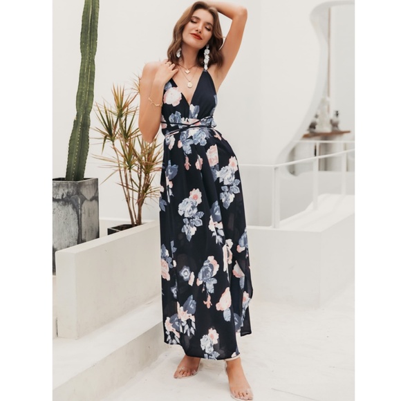 Deep V Backless Strappy Navy Floral Maxi Dress - Picture 3 of 8